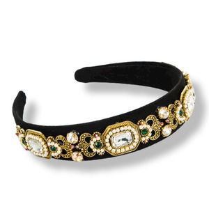 Vintage Baroque Pearl & Rhinestone Hairband - Black